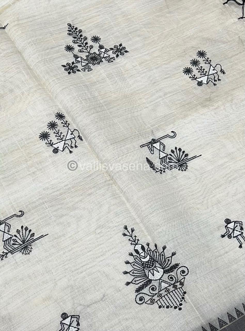 Semi Tussar Embroidery - Cream with Greyish Black Combo - VVSTE001