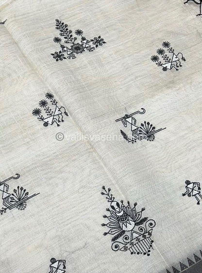 Semi Tussar Embroidery - Cream with Greyish Black Combo - VVSTE001