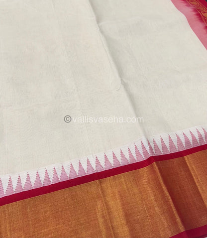 Pure Korvai Silk Cotton Saree - Half white / Cream With Red - Temple border - VVKSC001