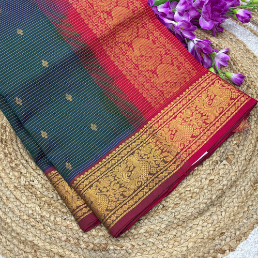 Pure Silk Cotton Sarees - Vairavoosi Lines - Green With Red Shade - VVPSC006
