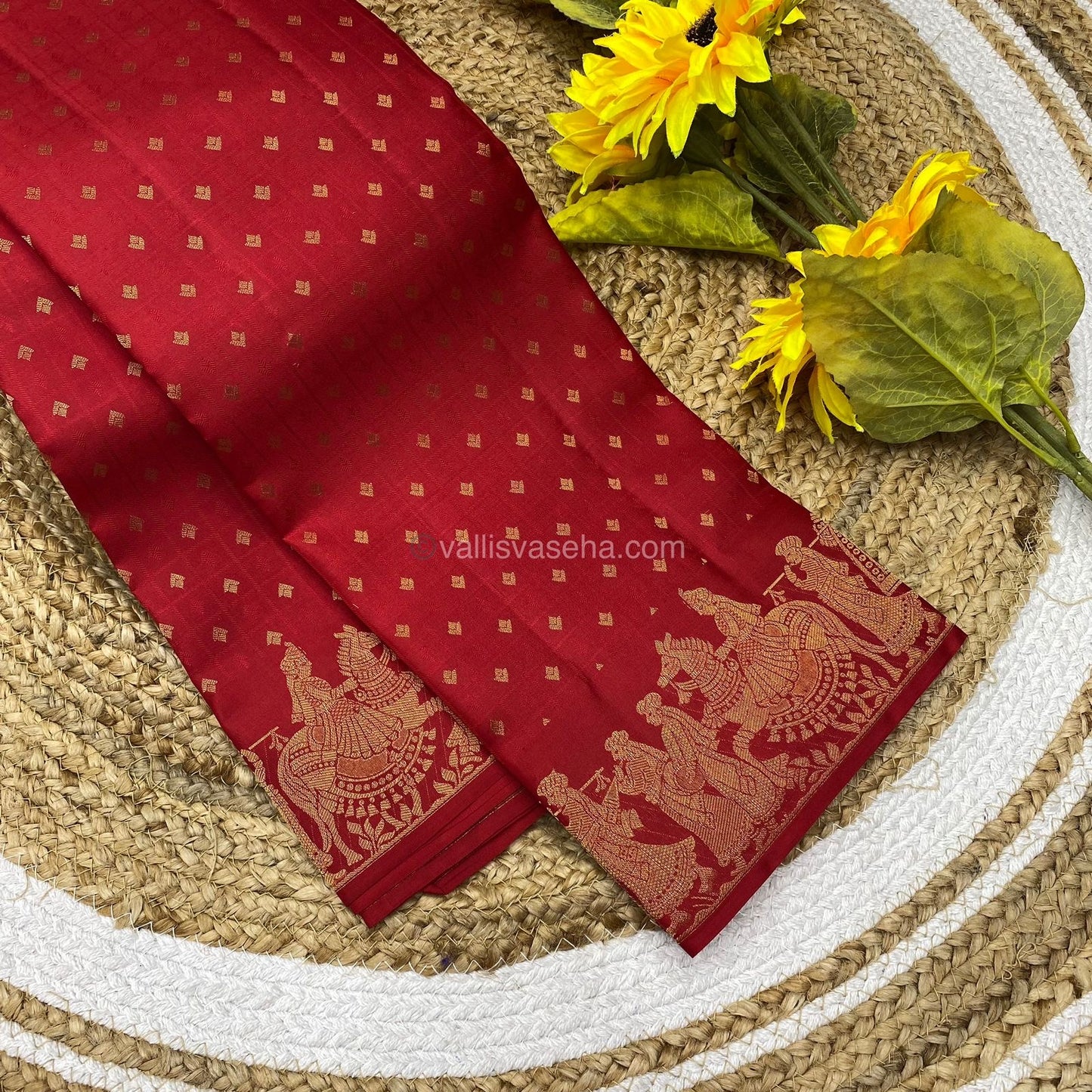 Pure Kanchipuram Silk Saree - Lakdhadeepam Butta with Self embossed Checks & Pallaku Design Self Border- Red shade  - VVPS006