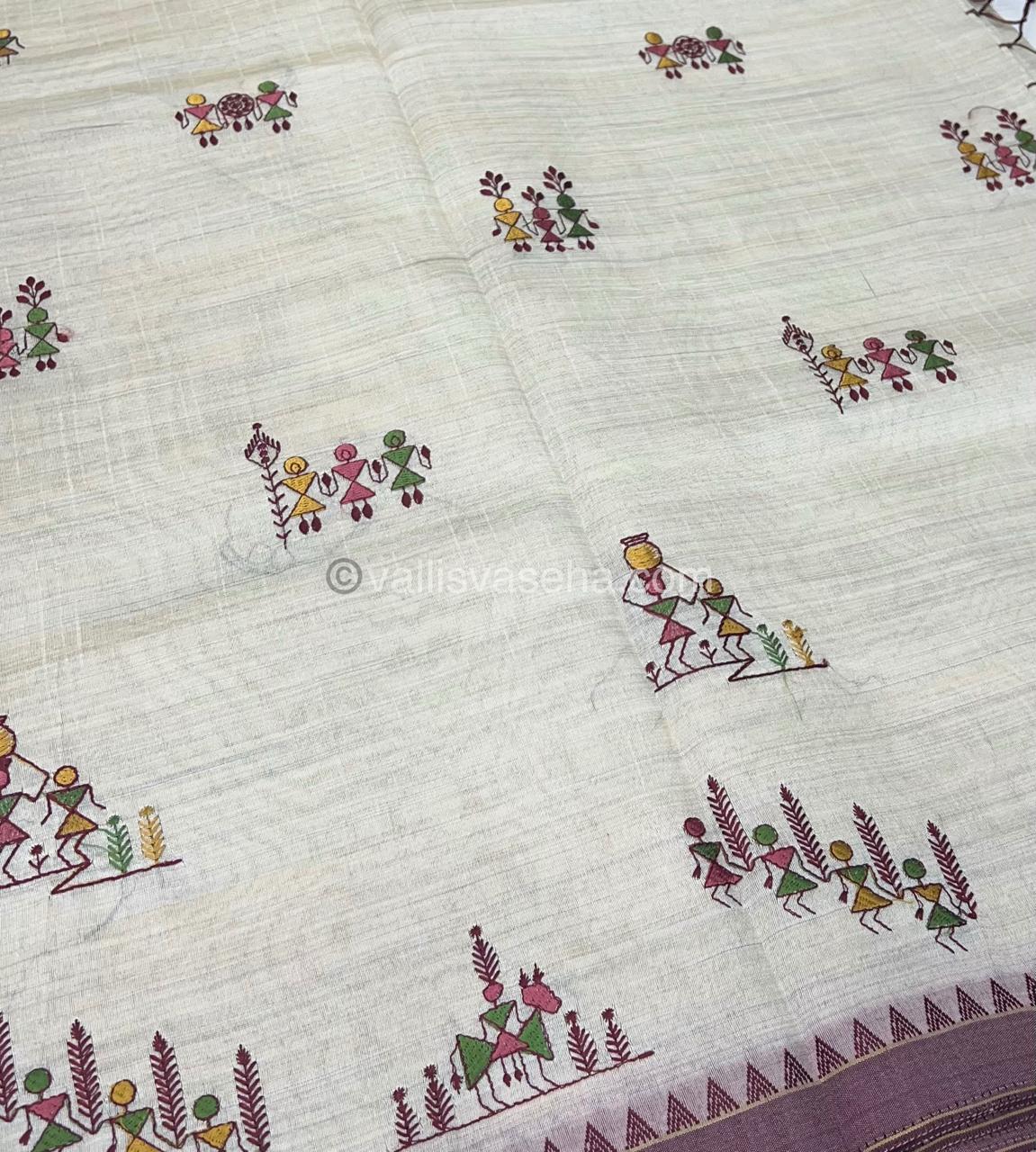 Semi Tussar Embroidery - Cream with Merun Combo - VVSTE001