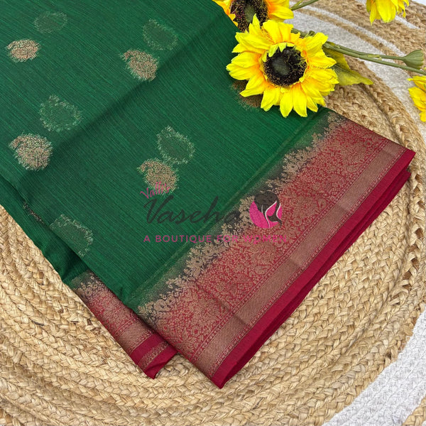 Bamboo Silk Saree- Green with Pink Shade - VVBSS014