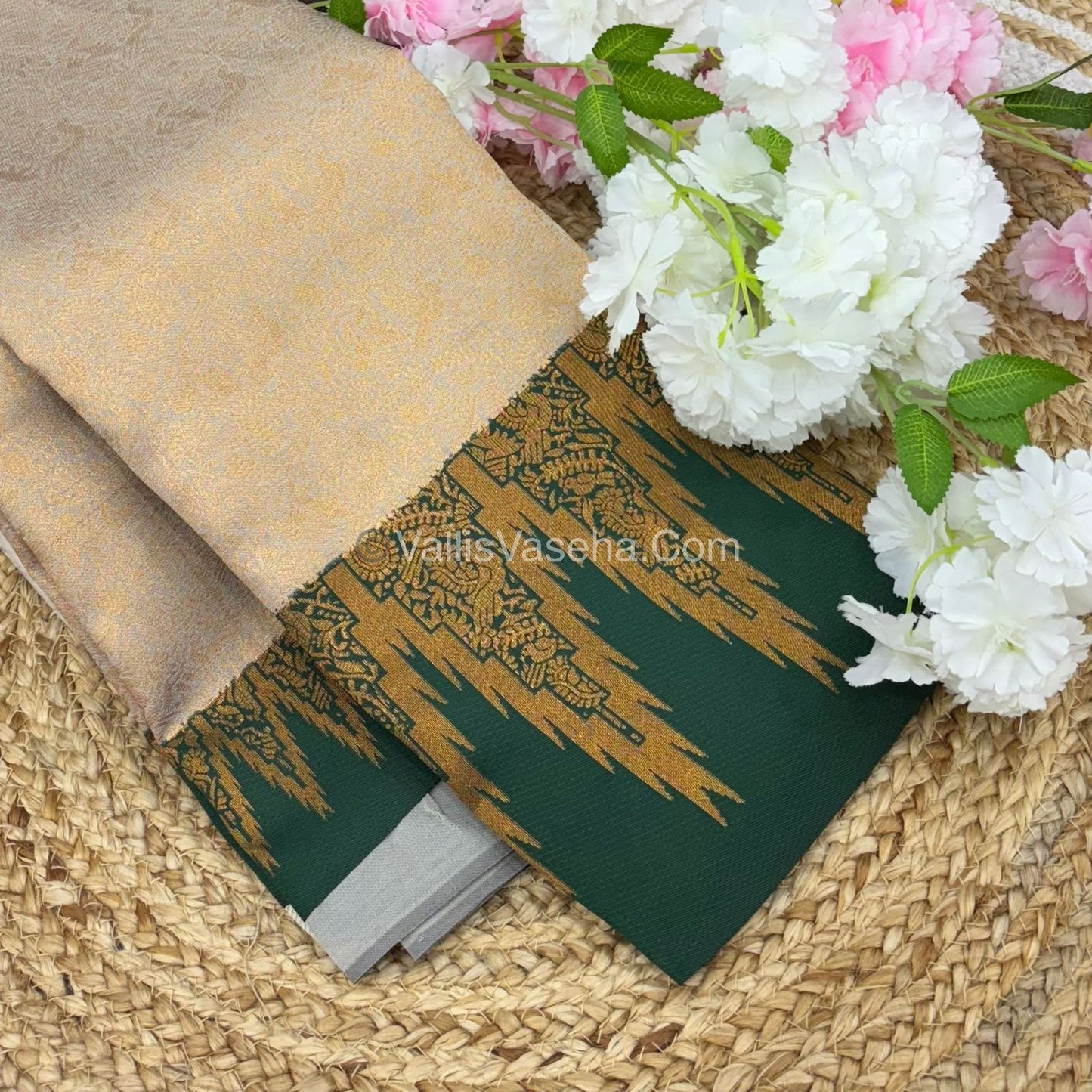 Kanchi Semi Silk  - Cream with Green - VVKSS003