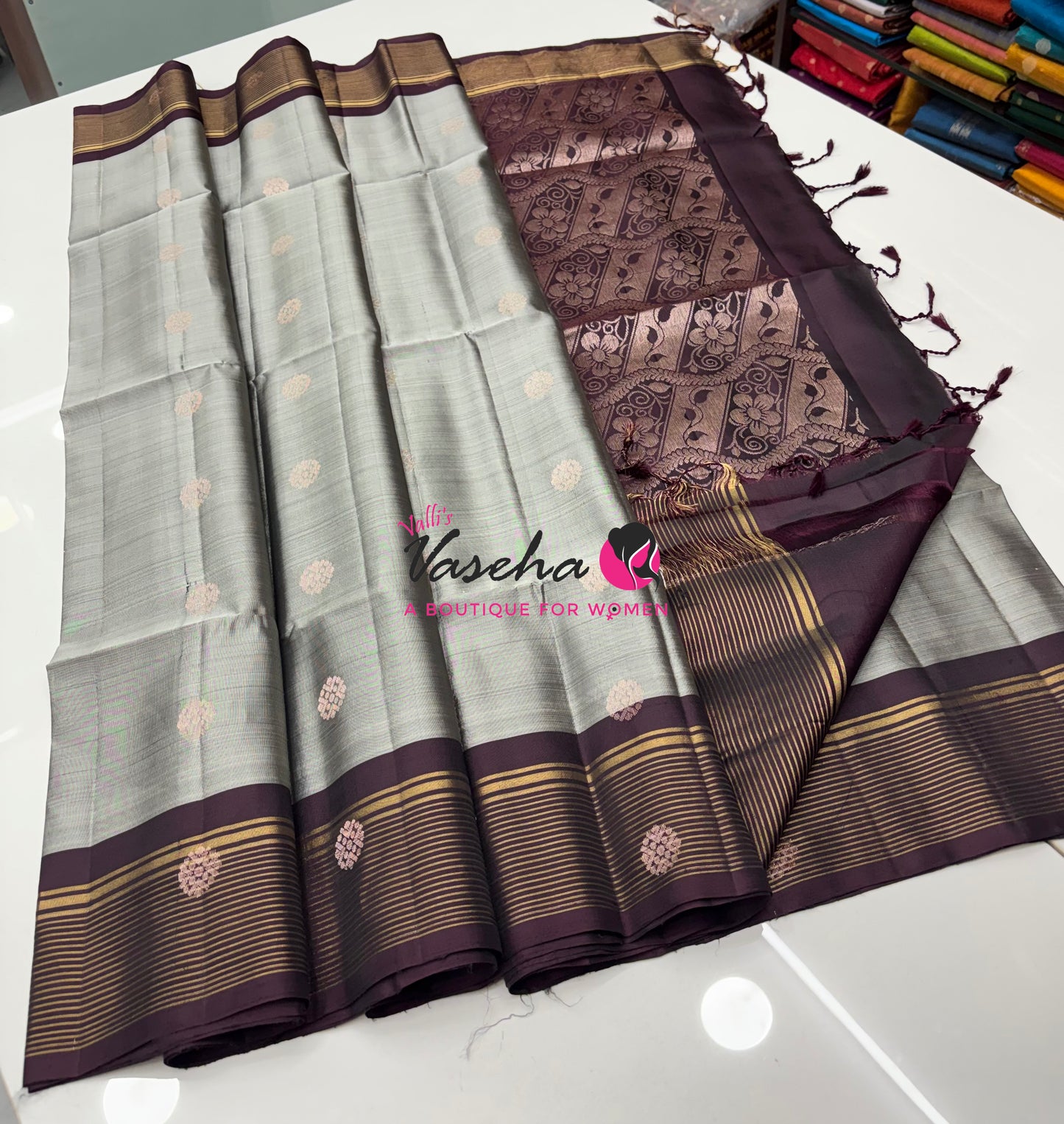 Half Mixed  Soft Silk Saree - (1.75 warp) Grey & Brown - VVPSS090