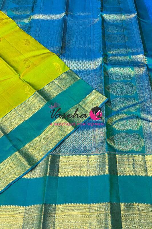 Pure Kanchipuram Silk Saree - Dual Tone Lemon Green & Turquoise Blue Shade  - VVPS022