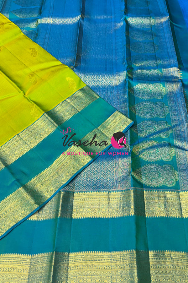 Pure Kanchipuram Silk Saree - Dual Tone Lemon Green & Turquoise Blue Shade  - VVPS022