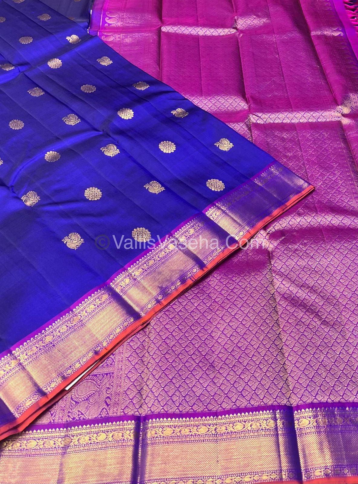 Pure Kanchipuram Silk Saree - Blue & Purple Combo - VVPS011