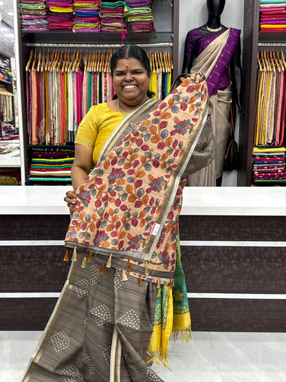 Semi Matka Tussar Silk Saree - Bandhini pattern - Grey Shade - VVSMT001