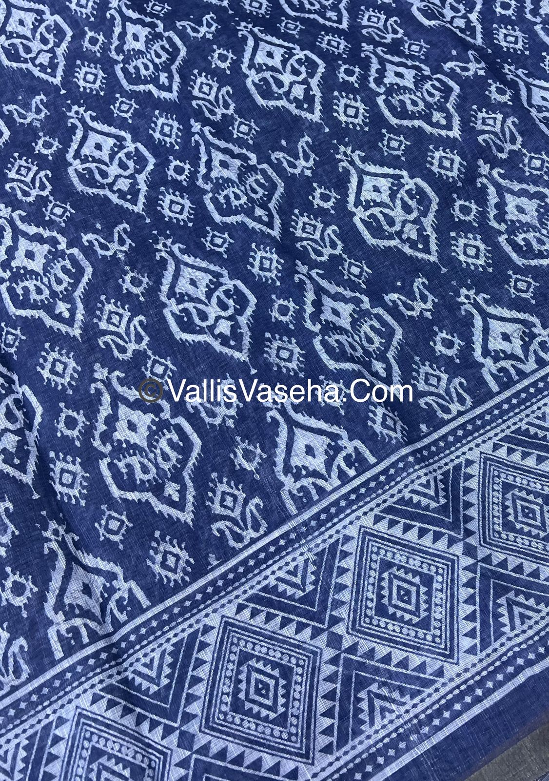 Linen Mixed Cotton Saree - Indigo Blue - Printed - VVLMP001