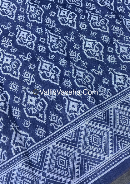 Linen Mixed Cotton Saree - Indigo Blue - Printed - VVLMP001