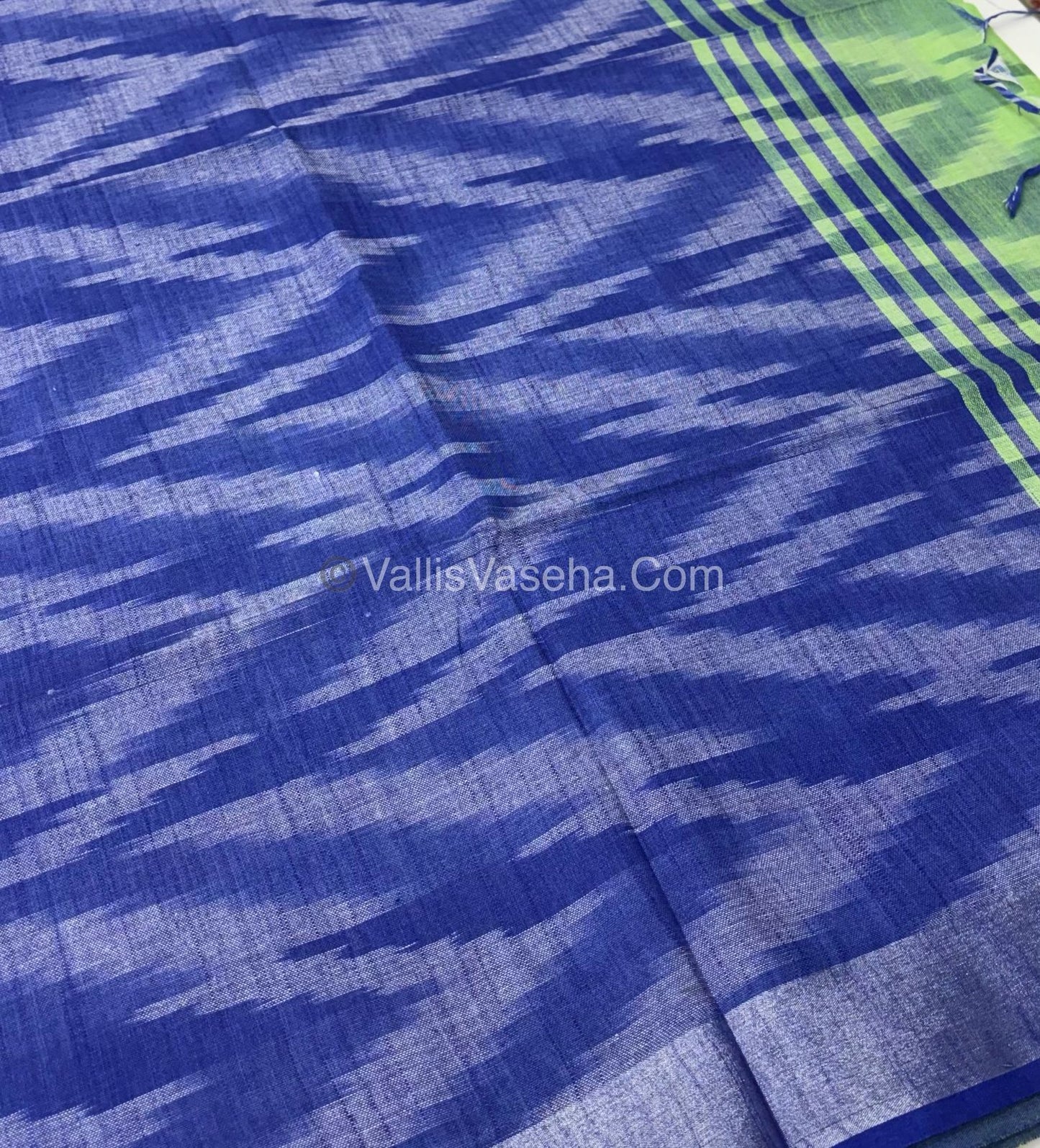Bhagalpuri Linen Cotton Saree - Ikkat Print - Green With Blue  Shade - VVBLC002