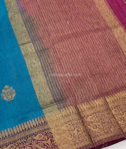 Bamboo Silk Saree - Peacock Blue With Purplish Wine Shade - VVBSS001