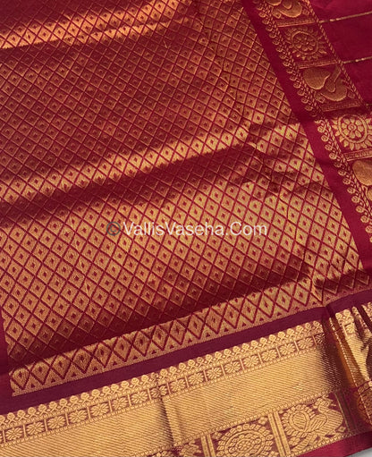 Pure Silk Cotton Saree - Mayil & Chakkaram Design - Dark Yellow & Red - VVMC001