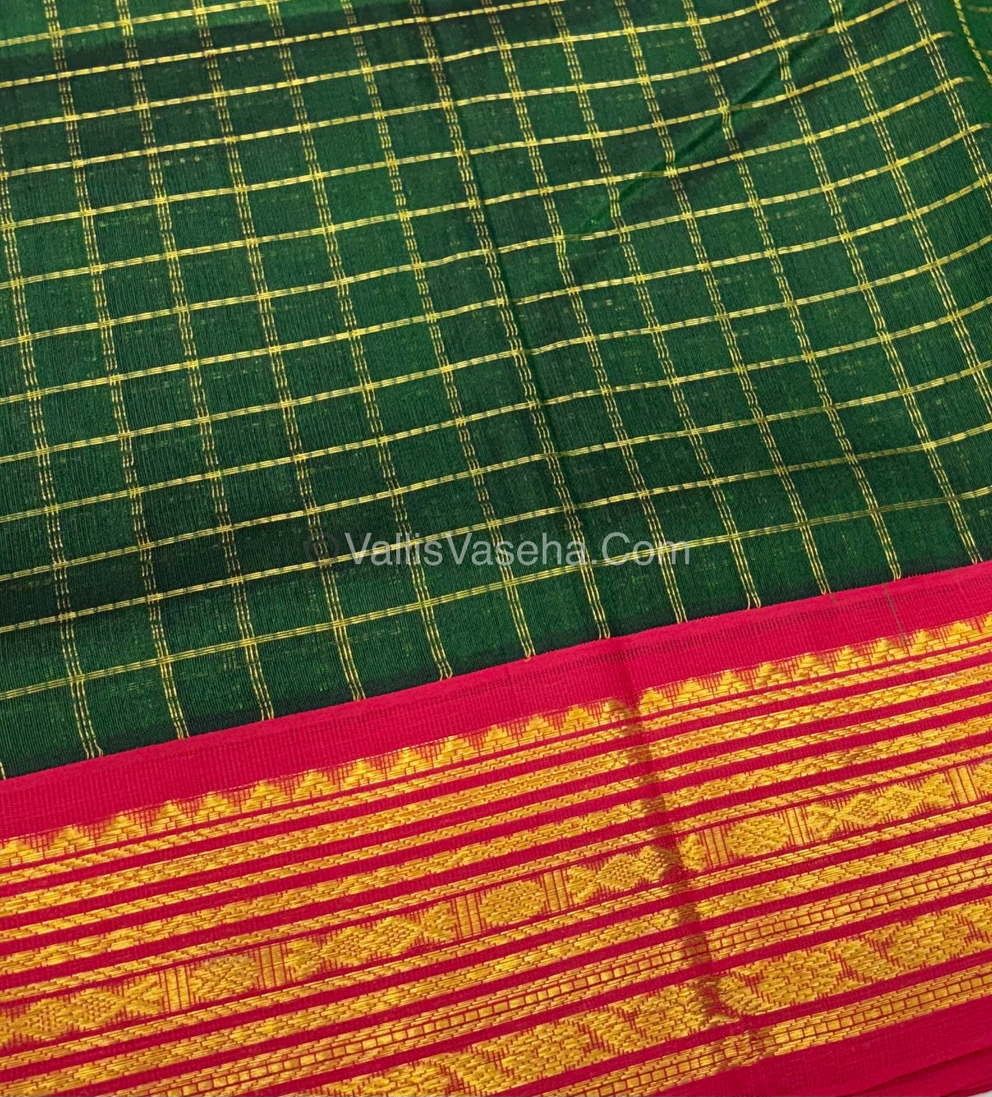 Pure Korvai Silk Cotton - Green with Red - Checks Pattern - VVKSC021