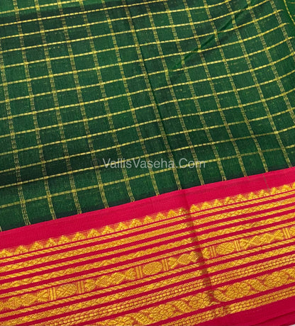Pure Korvai Silk Cotton - Green with Red - Checks Pattern - VVKSC021