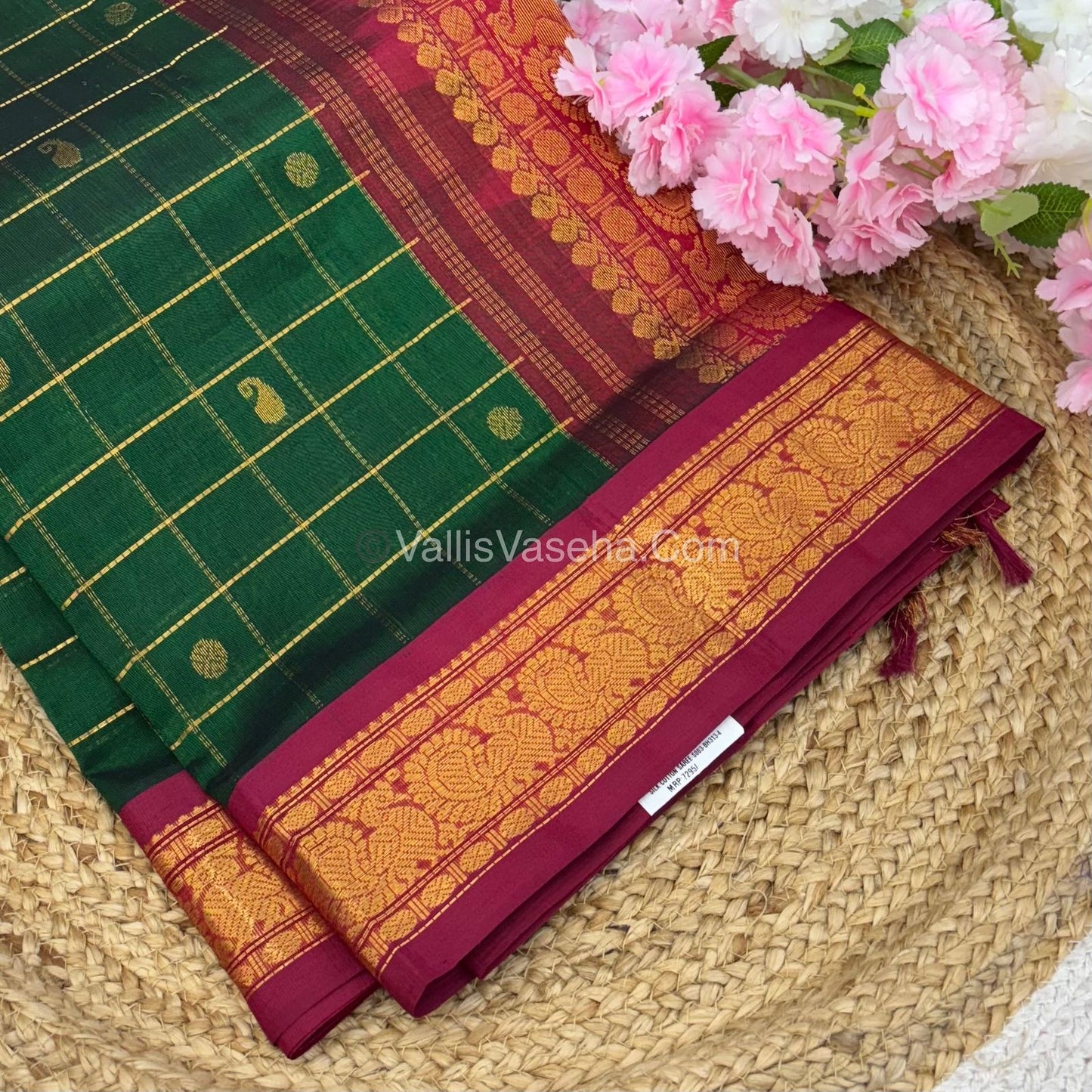 Pure Korvai Silk Cotton Saree - Green With Red - VVKSC020