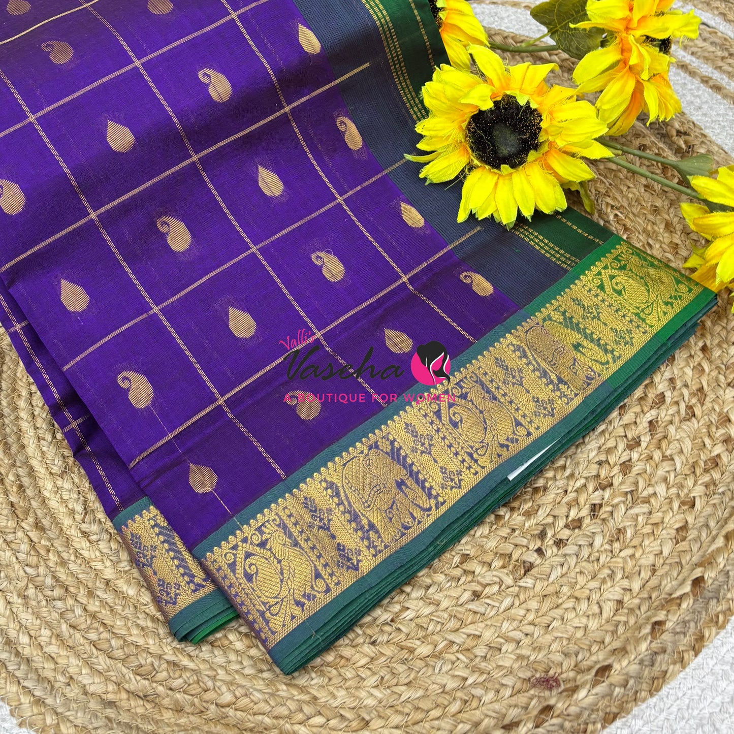 Pure silk  Cotton Saree - Checked Pattern with Butta - Purple & Green Shade - VVSCC005