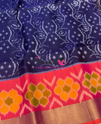 Pure Soft Silk Saree  - Pochampally Design - Navy Blue & Peach Combo - VVPSS110