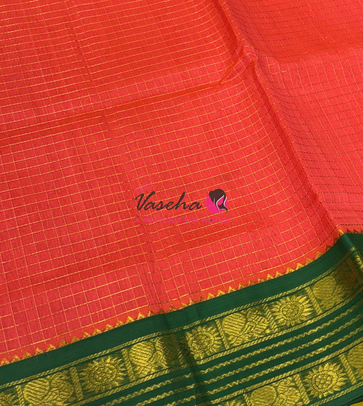 Pure Korvai Silk Cotton - Retta Petta Border - Peach With Green Combo - VVKSC010