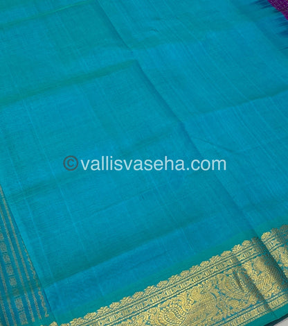 Pure Silk Cotton Saree - Purple with Turquoise Blue - Lakshadeepam Design - VVPLD001