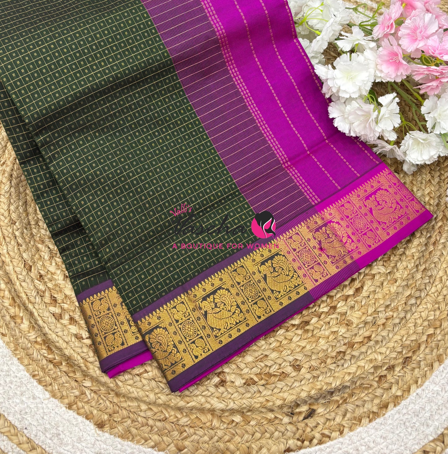 Pure Silk Cotton Saree - Green With Purple - Lakshadeepam Design - VVPLD004