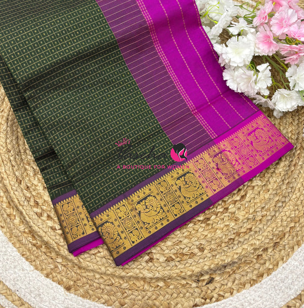 Pure Silk Cotton Saree - Green With Purple - Lakshadeepam Design - VVPLD004
