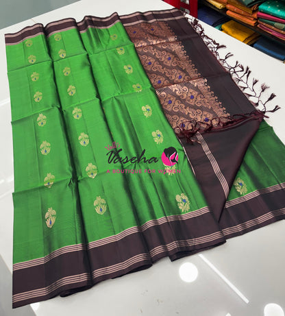 Half Mix - Pure Soft Silk Saree - Meenakari Style Butta - Green With Brown - VVPSS148