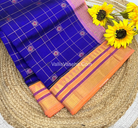Pure Korvai Silk Cotton Saree - Blue With Peach - VVKSC020