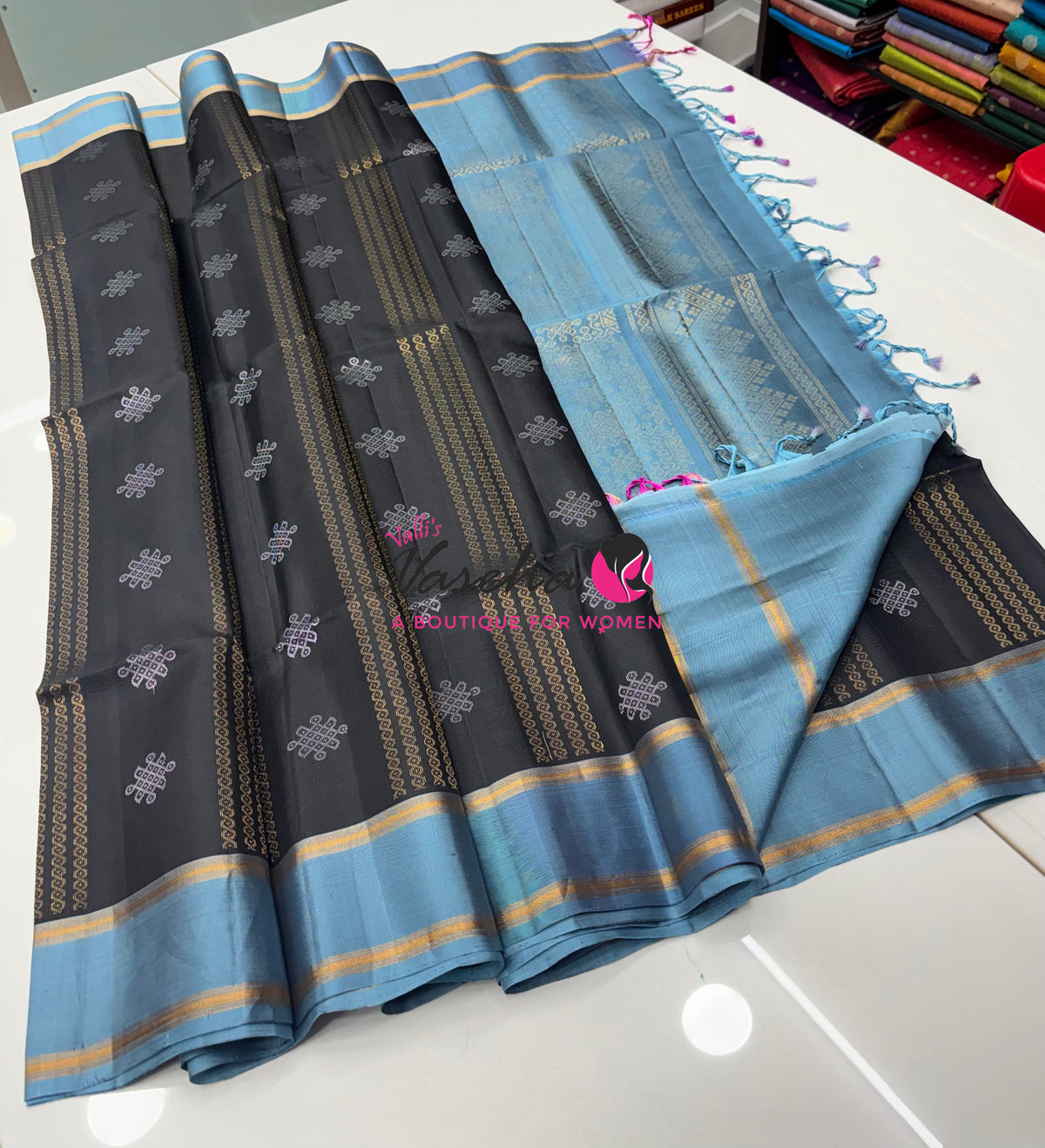 Pure Soft Silk Saree  - Kolam Weaving  - Black & Blue Combo - VVPSS143