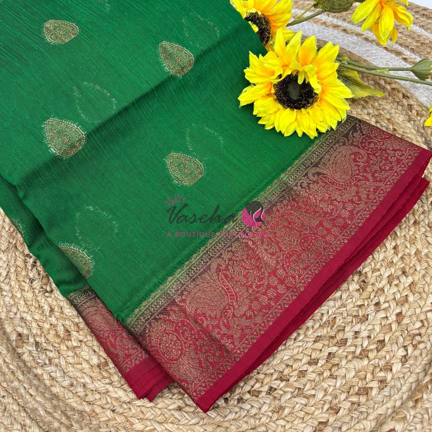Bamboo Silk Saree- Green with Pink Shade - VVBSS016