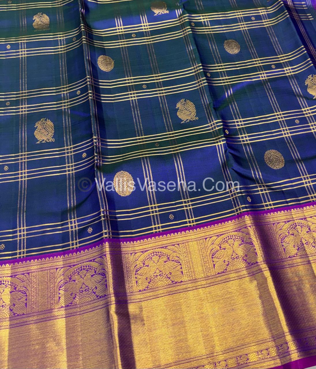 Pure Kanchipuram Silk Saree - Peacock Blue & Purplish Pink Combo - VVPS040