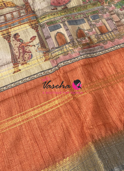 Semi Art Silk Saree - Rust Orange & Grey Shade - VVSAT002