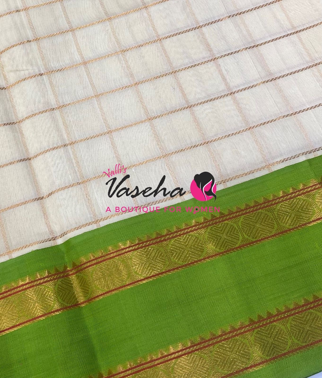 Pure Korvai Silk Cotton With Retta Petta Border - Checks pattern - Cream & Green- VVKSC013