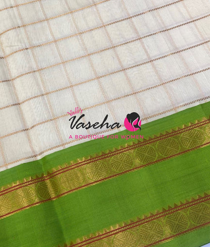 Pure Korvai Silk Cotton With Retta Petta Border - Checks pattern - Cream & Green- VVKSC013