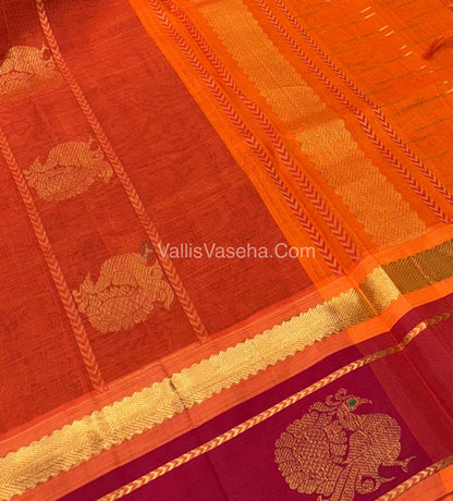 Pure Korvai Silk Cotton Green With Red & Orange - VVKSC020