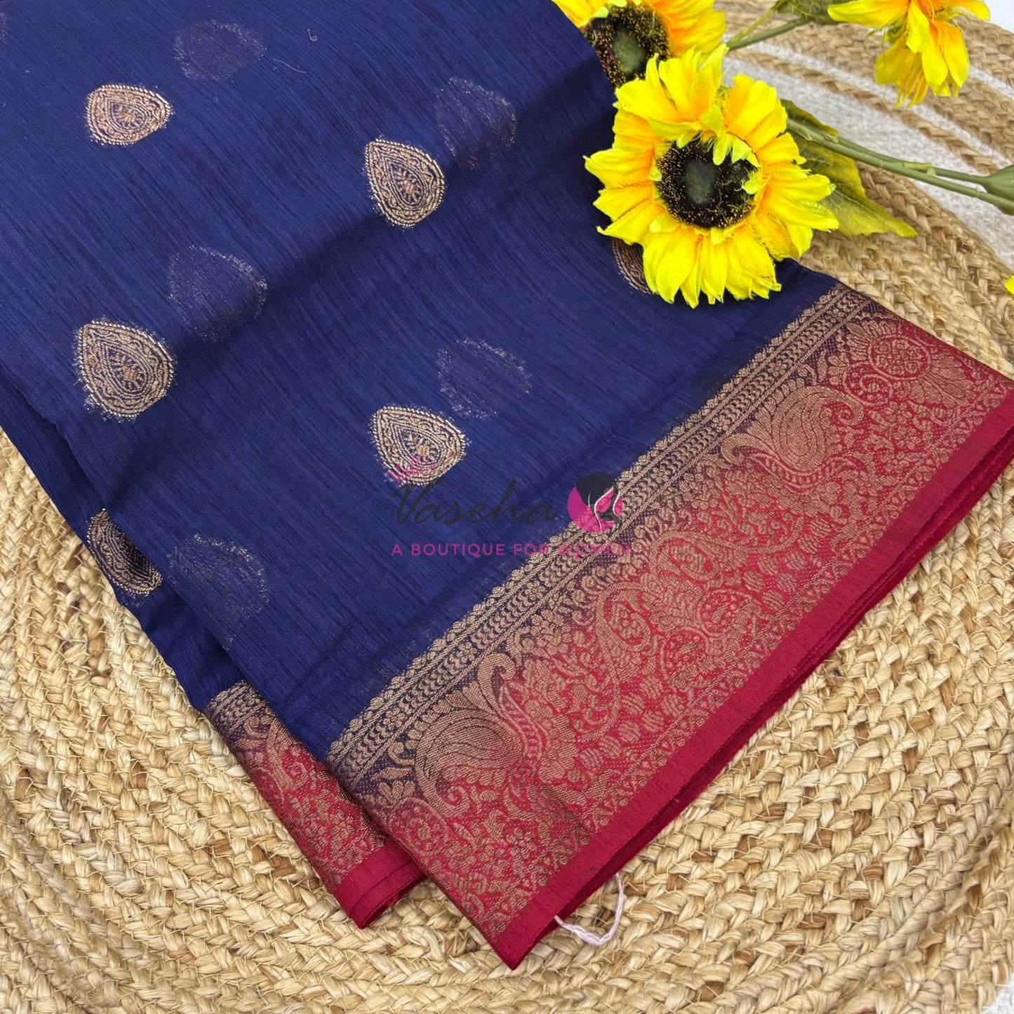 Bamboo Silk Saree- Blue with Reddish Pink Shade - VVBSS016
