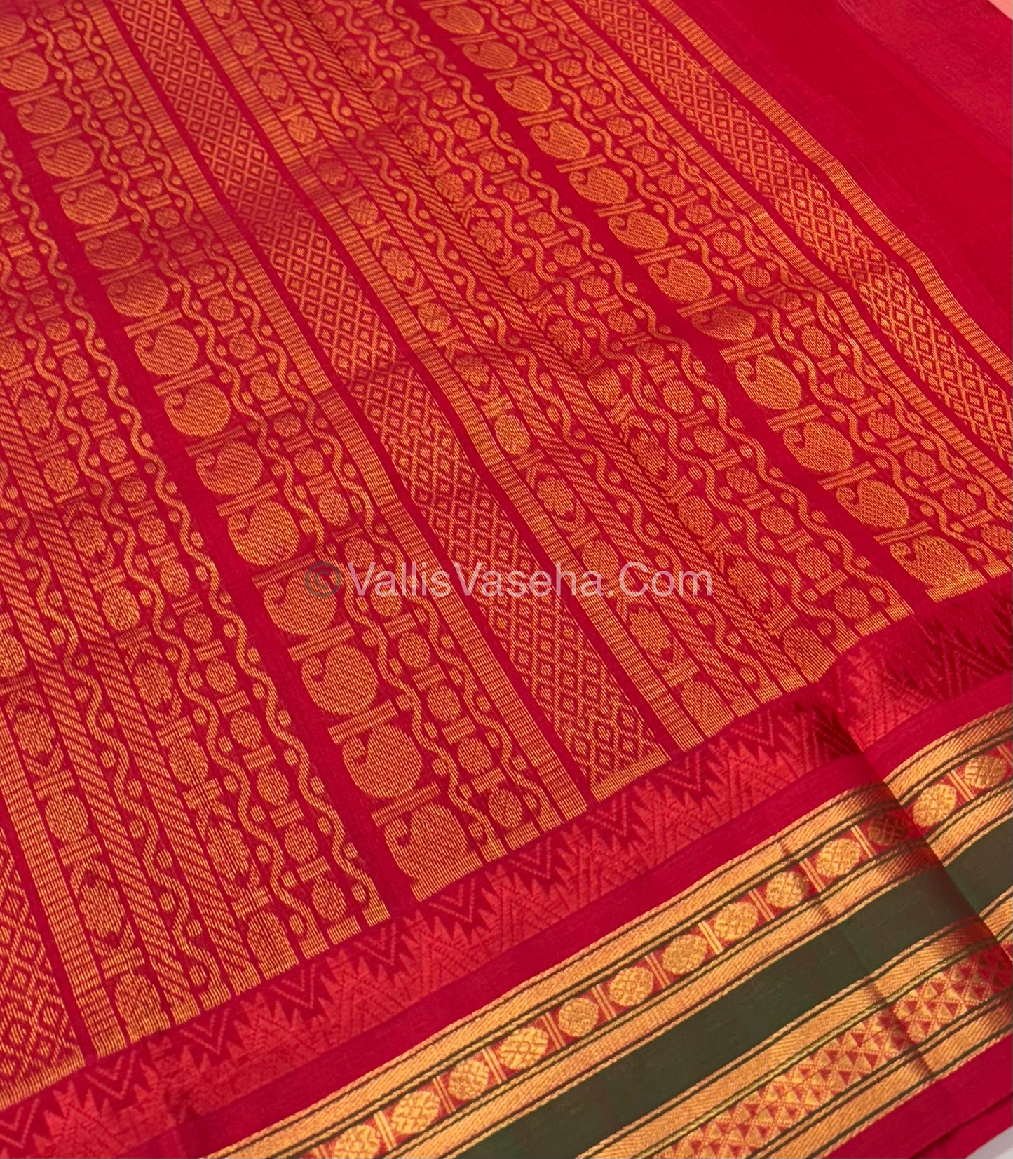 Pure Korvai Silk Cotton - Checks Pattern - Peach  with Red Shade  - VVKSC015