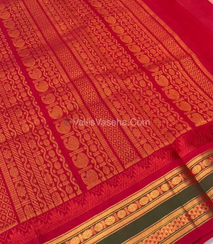 Pure Korvai Silk Cotton - Checks Pattern - Peach  with Red Shade  - VVKSC015