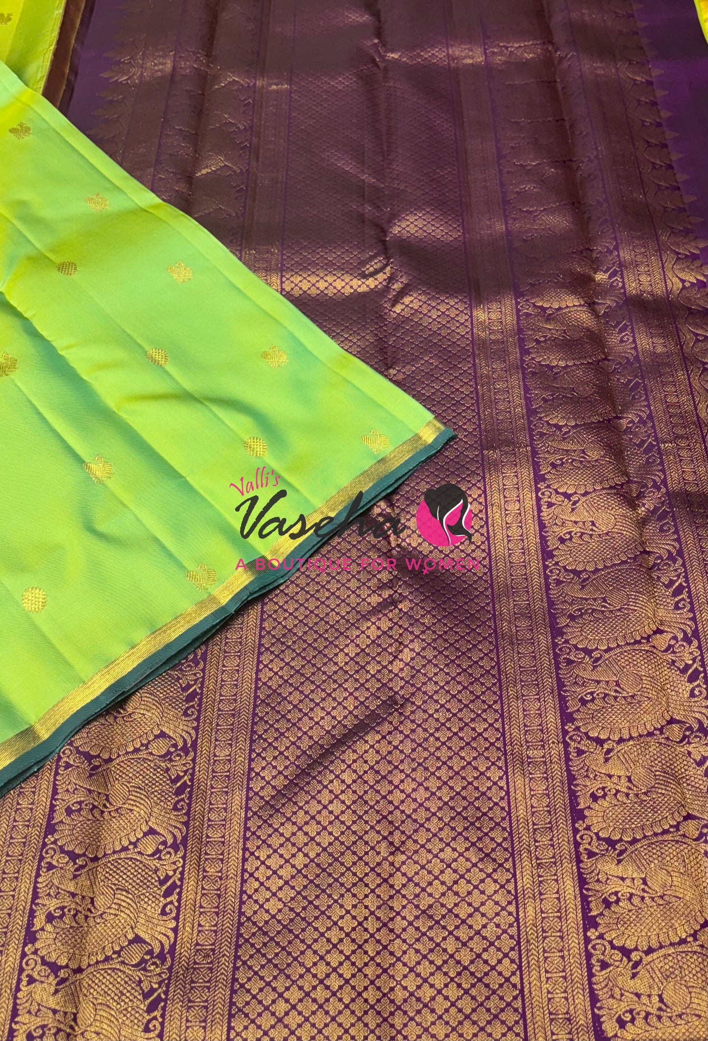 Pure Kanchipuram Silk Saree - Dual Tone Green With Purple Combo - VVPS050