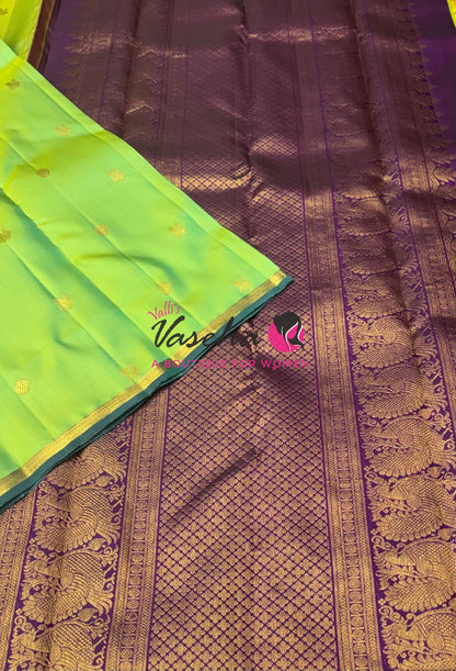 Pure Kanchipuram Silk Saree - Dual Tone Green With Purple Combo - VVPS050