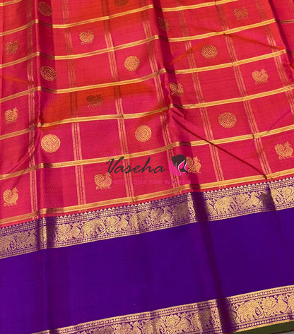 Pure Kanchipuram Silk Saree  - Peachish Pink & Purple shade - VVPS022