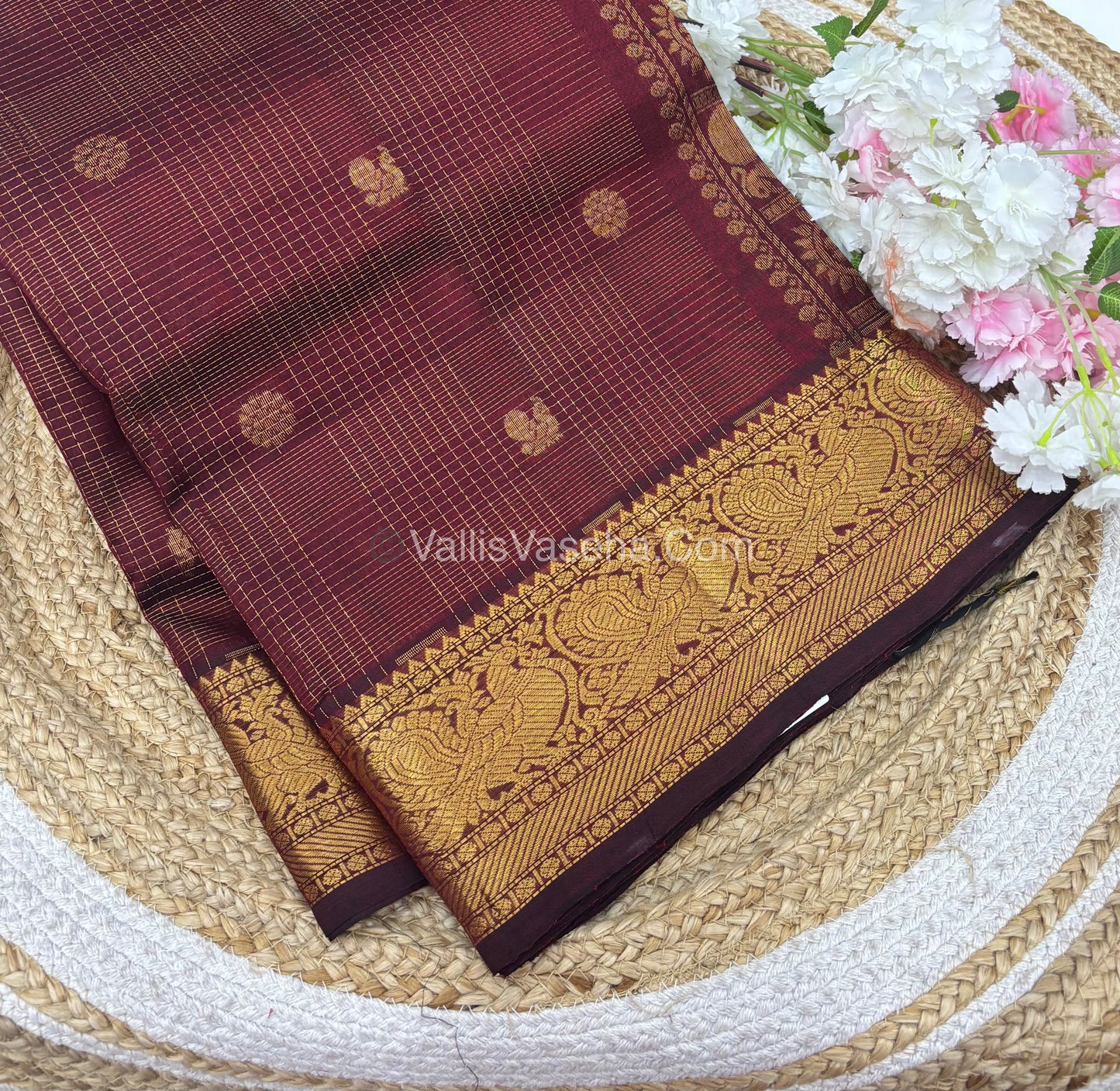 Pure Silk Cotton Saree - Vairavoosi checks - Mayil & Chakkaram - Maroon Shade - VVMCV001