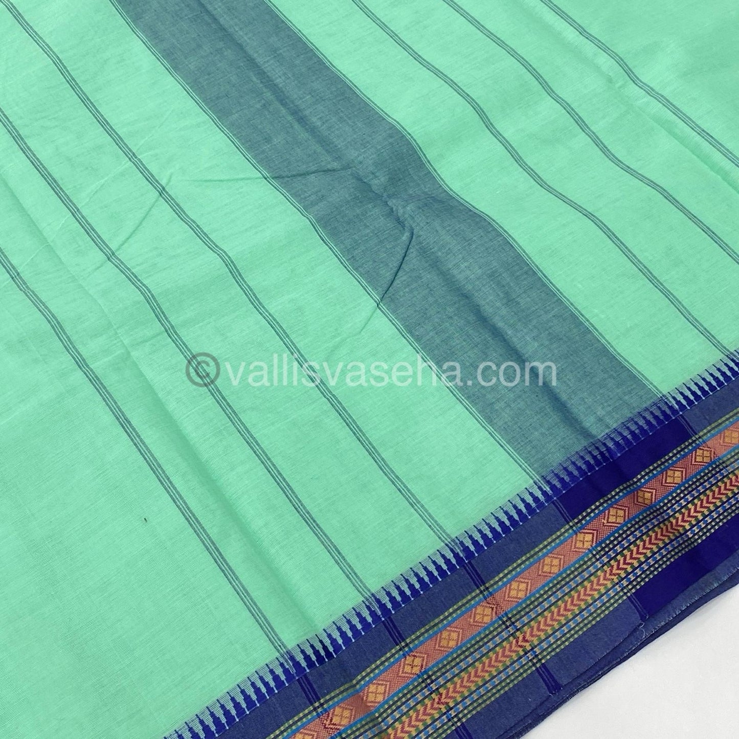 Kanchi Cotton Saree - Sea Green with Blue - VVKCS003