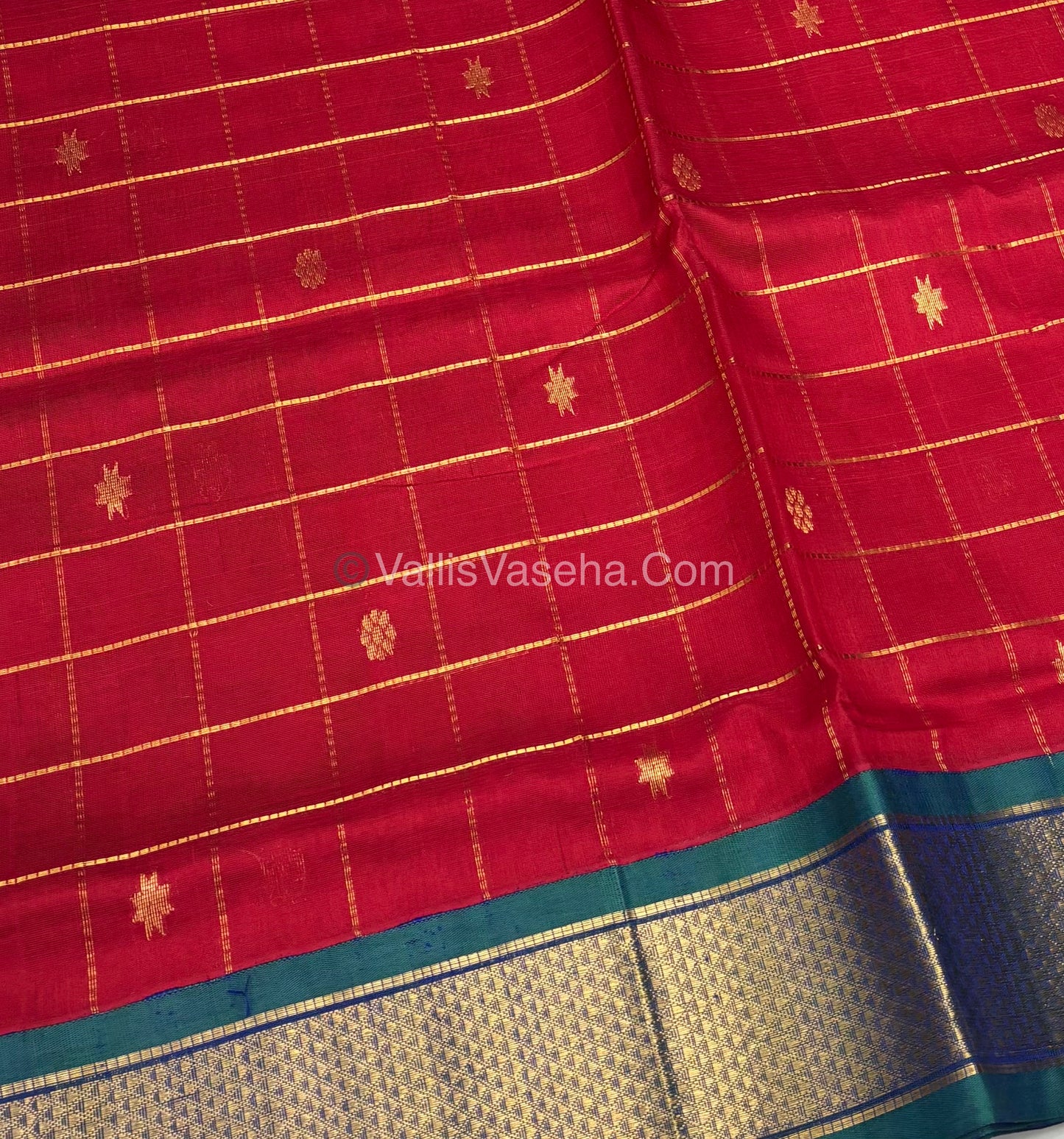 Pure Korvai Silk Cotton - Checks Pattern - Red with Peacock Blue Shade  - VVKSC015