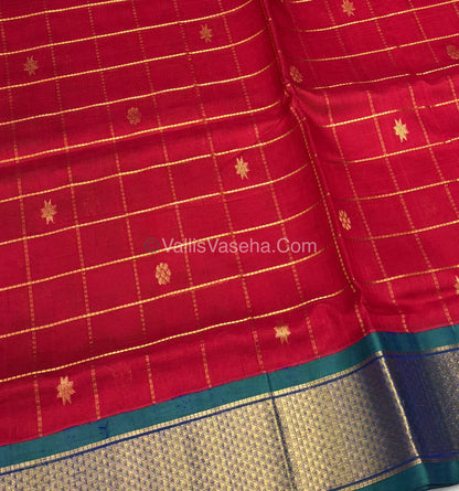 Pure Korvai Silk Cotton - Checks Pattern - Red with Peacock Blue Shade  - VVKSC015