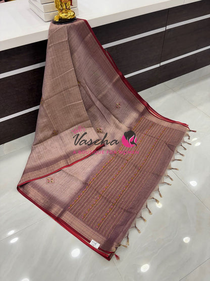 French Knot - Linen Tissue Saree - Light Lavendar Pink Shade - Heavy Work Blouse - VVLFN016