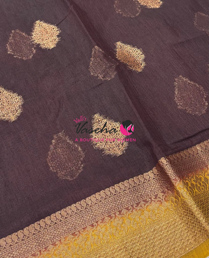 Bamboo Silk Saree - Brown with Yellow - VVBSS018