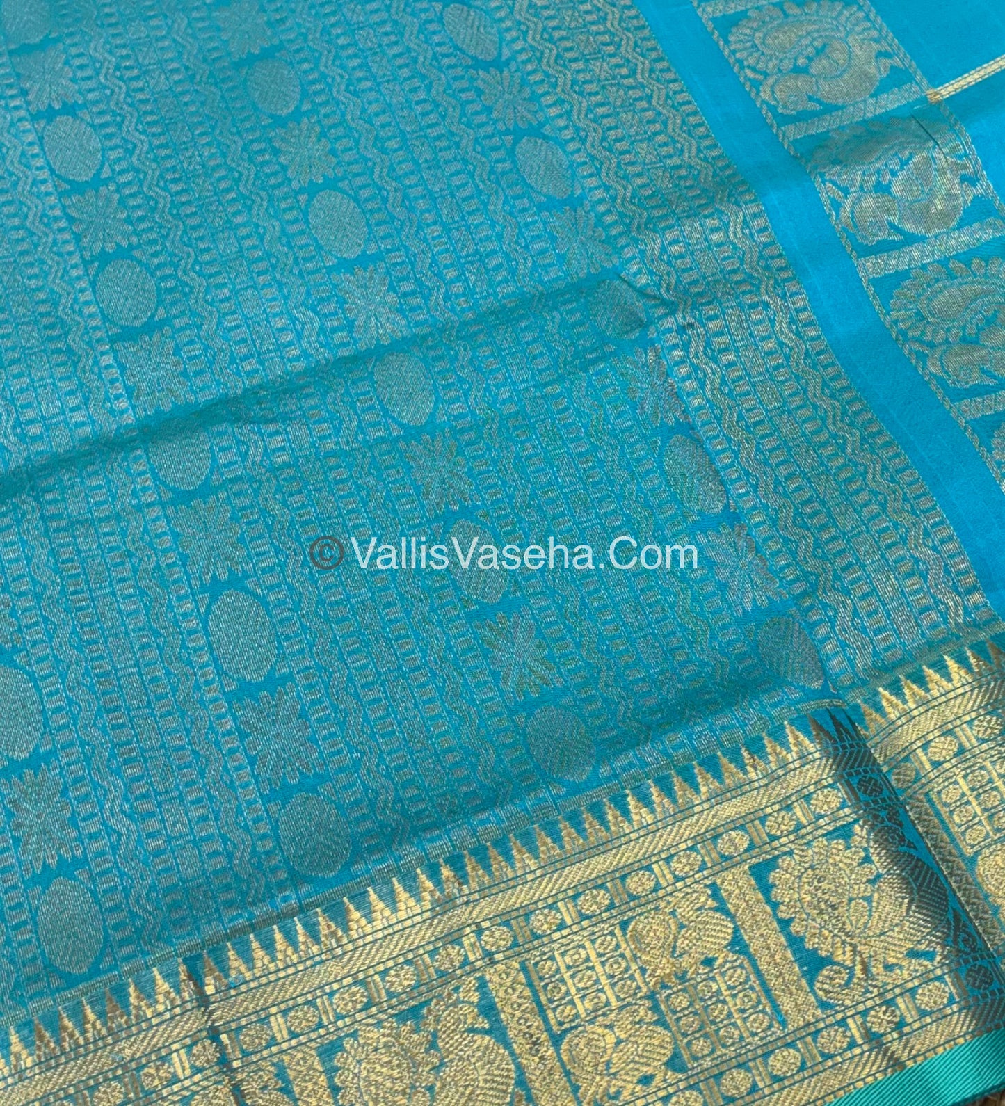 Pure Silk Cotton Saree - Mayil & Chakkaram Design - Brown With Blue Combo -VVMC003