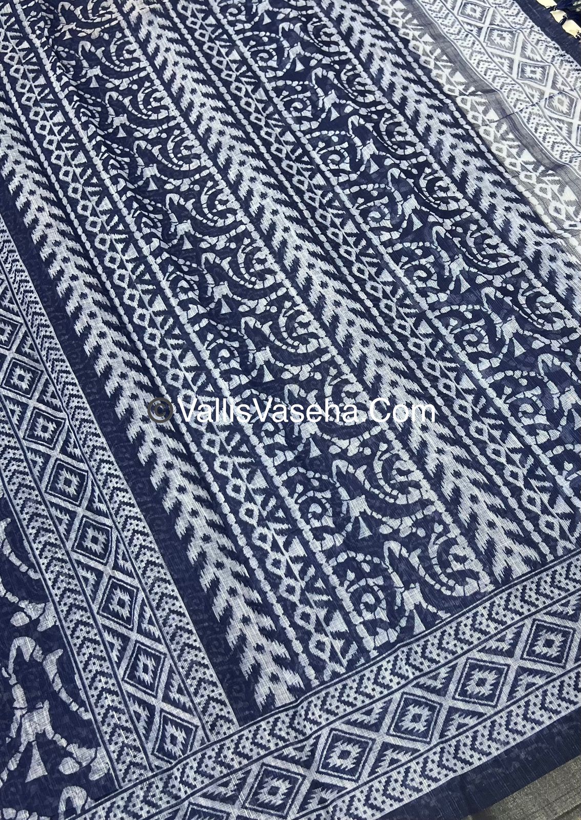 Linen Mixed Cotton Saree - Indigo Blue - Printed - VVLMP001